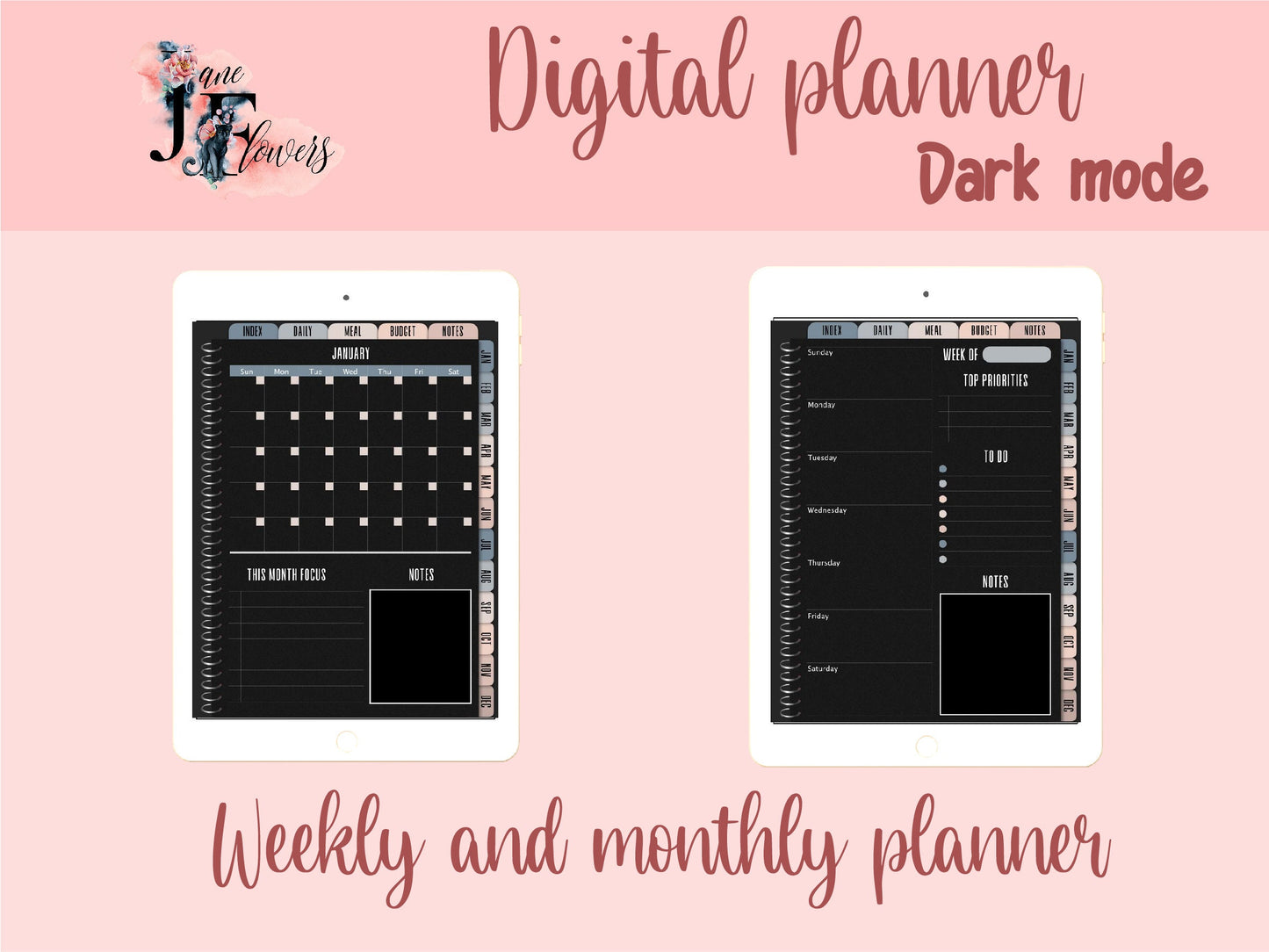 Undated dark mode hyperlinked digital planner start Sunday, vertical goodnotes planner, weekly iPad monthly planner, black page life planner