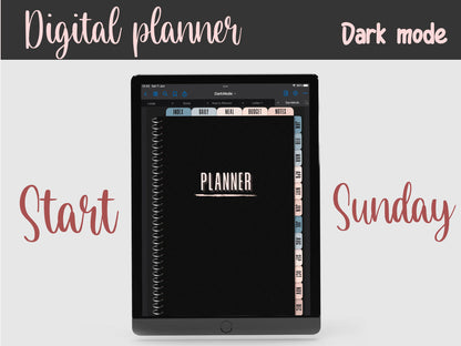 Undated dark mode hyperlinked digital planner start Sunday, vertical goodnotes planner, weekly iPad monthly planner, black page life planner