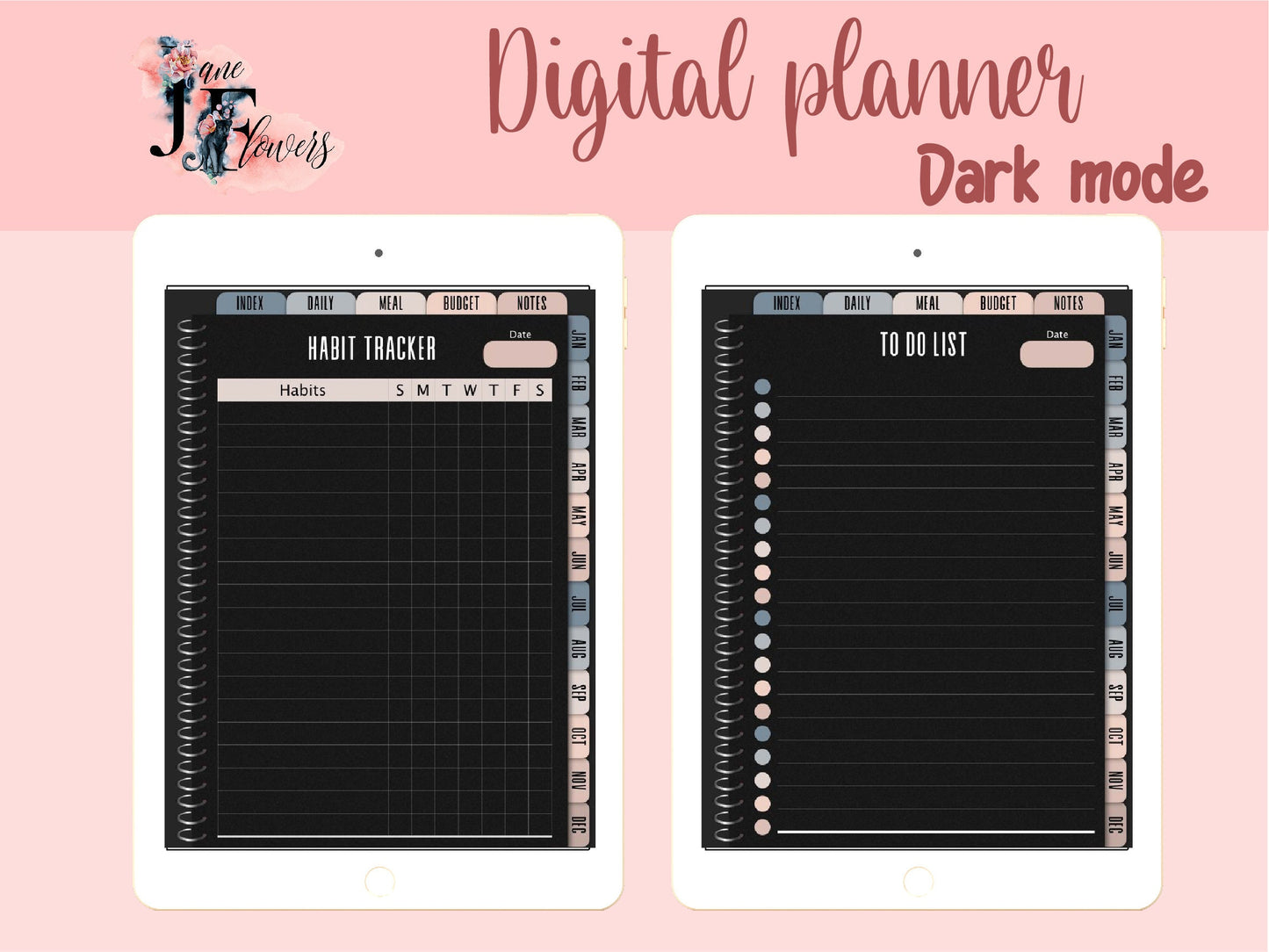 Undated dark mode hyperlinked digital planner start Sunday, vertical goodnotes planner, weekly iPad monthly planner, black page life planner