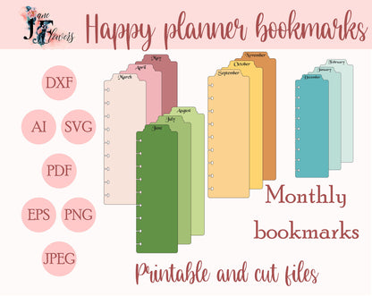 DIY monthly bookmarks for Classic Happy planner, printable disc bound planner bookmarks, discbound dividers for Cricut, tabs templates SVG