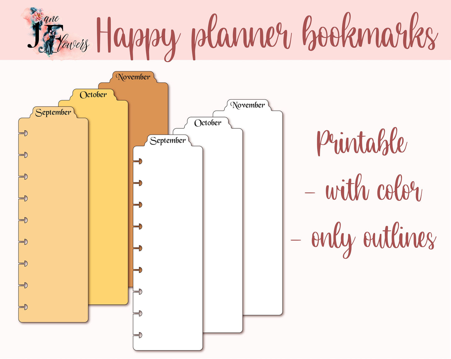 DIY monthly bookmarks for Classic Happy planner, printable disc bound planner bookmarks, discbound dividers for Cricut, tabs templates SVG