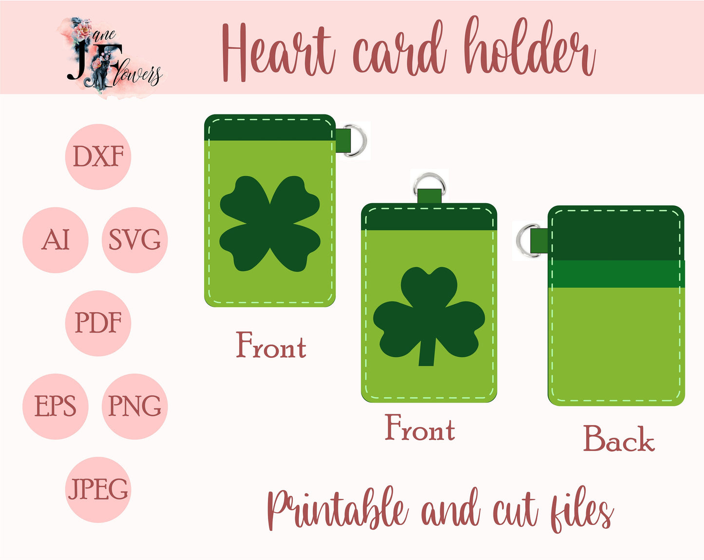 St Patrick's Day svg, shamrock faux leather svg, id badge holder pattern, slim purse template, business card pouch, vertical cute wallet