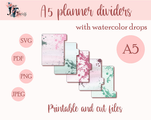 Watercolor A5 planner dividers, printable journaling supplies, planner templates SVG, tabbed divider, planner templates for Cricut, SVG, PDF