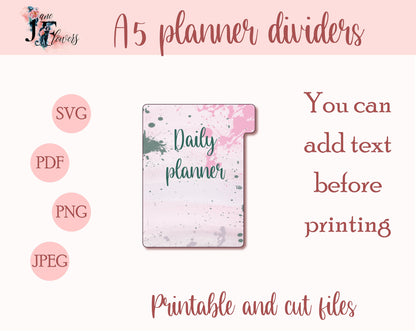 Watercolor A5 planner dividers, printable journaling supplies, planner templates SVG, tabbed divider, planner templates for Cricut, SVG, PDF