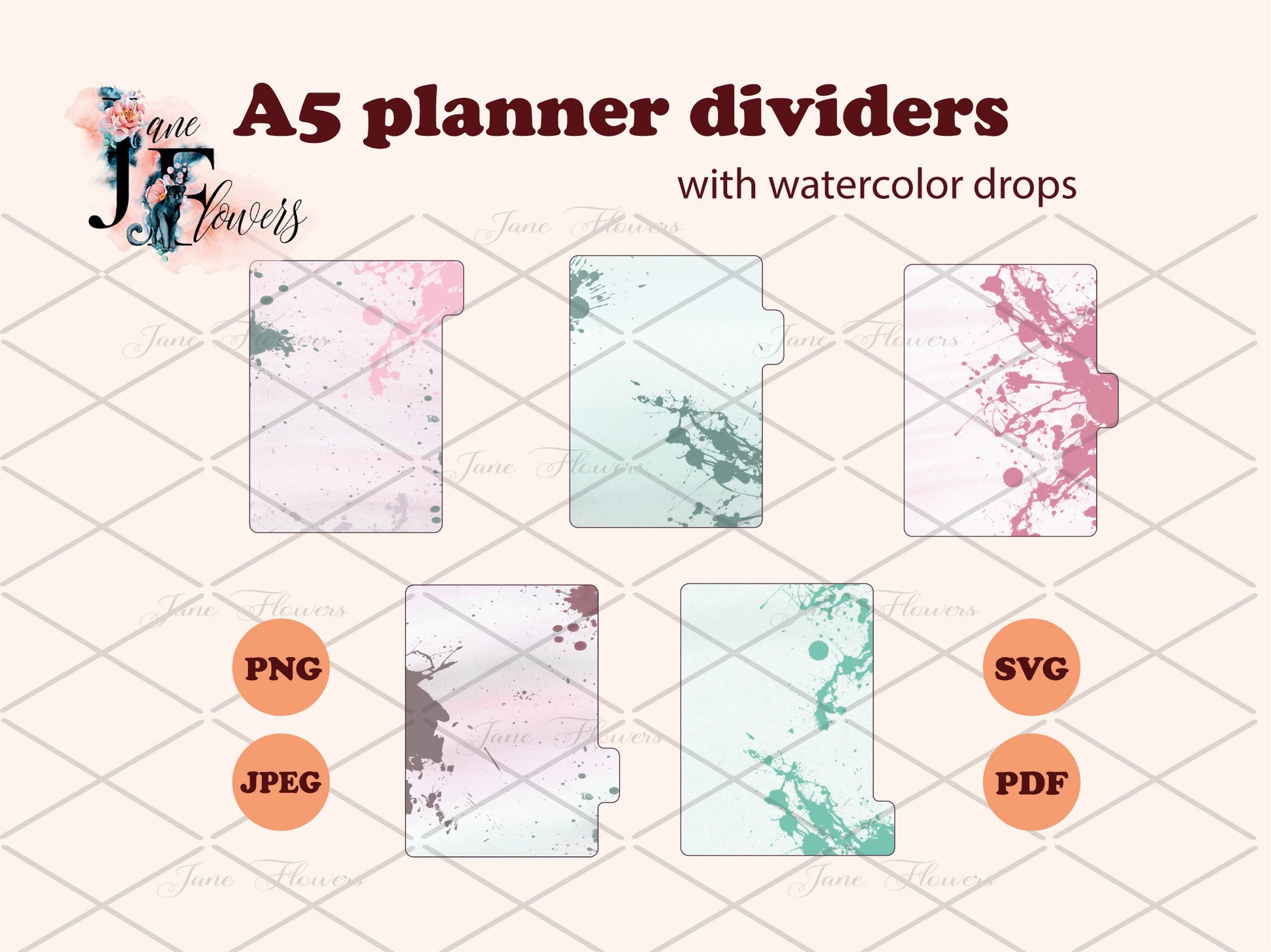 Watercolor A5 planner dividers, printable journaling supplies, planner templates SVG, tabbed divider, planner templates for Cricut, SVG, PDF