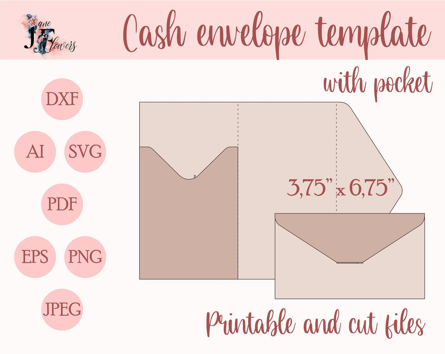 Cash envelope with pocket, money envelope template SVG, Cricut budget envelopes pattern DXF, cute vintage printable envelope pdf download