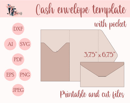 Cash envelope with pocket, money envelope template SVG, Cricut budget envelopes pattern DXF, cute vintage printable envelope pdf download