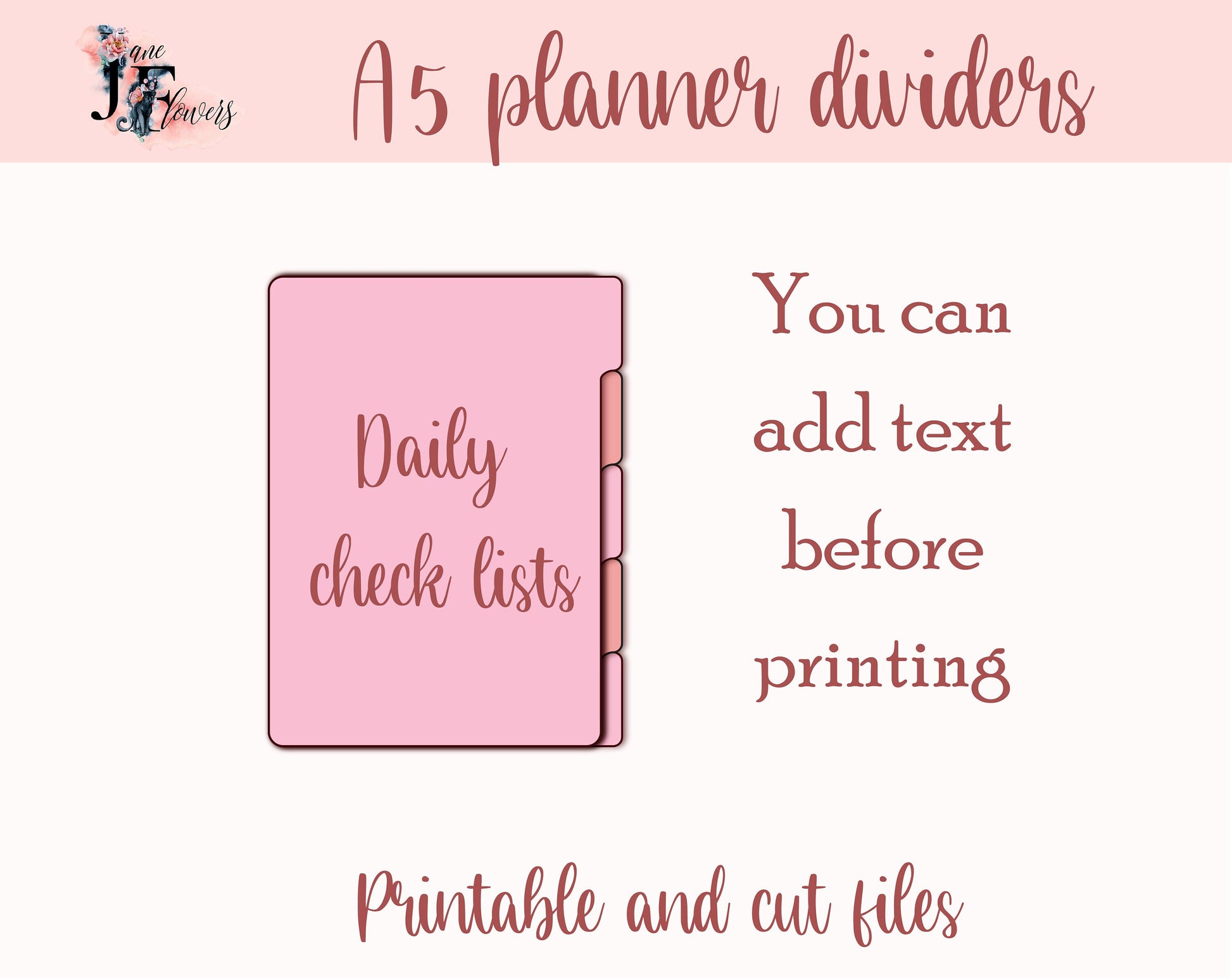 A5 planner dividers SVG, 5 planner tabs, A5 planner dividers for Cricut, Page tabs templates, Planner dividers SVG, PDF Printable dividers