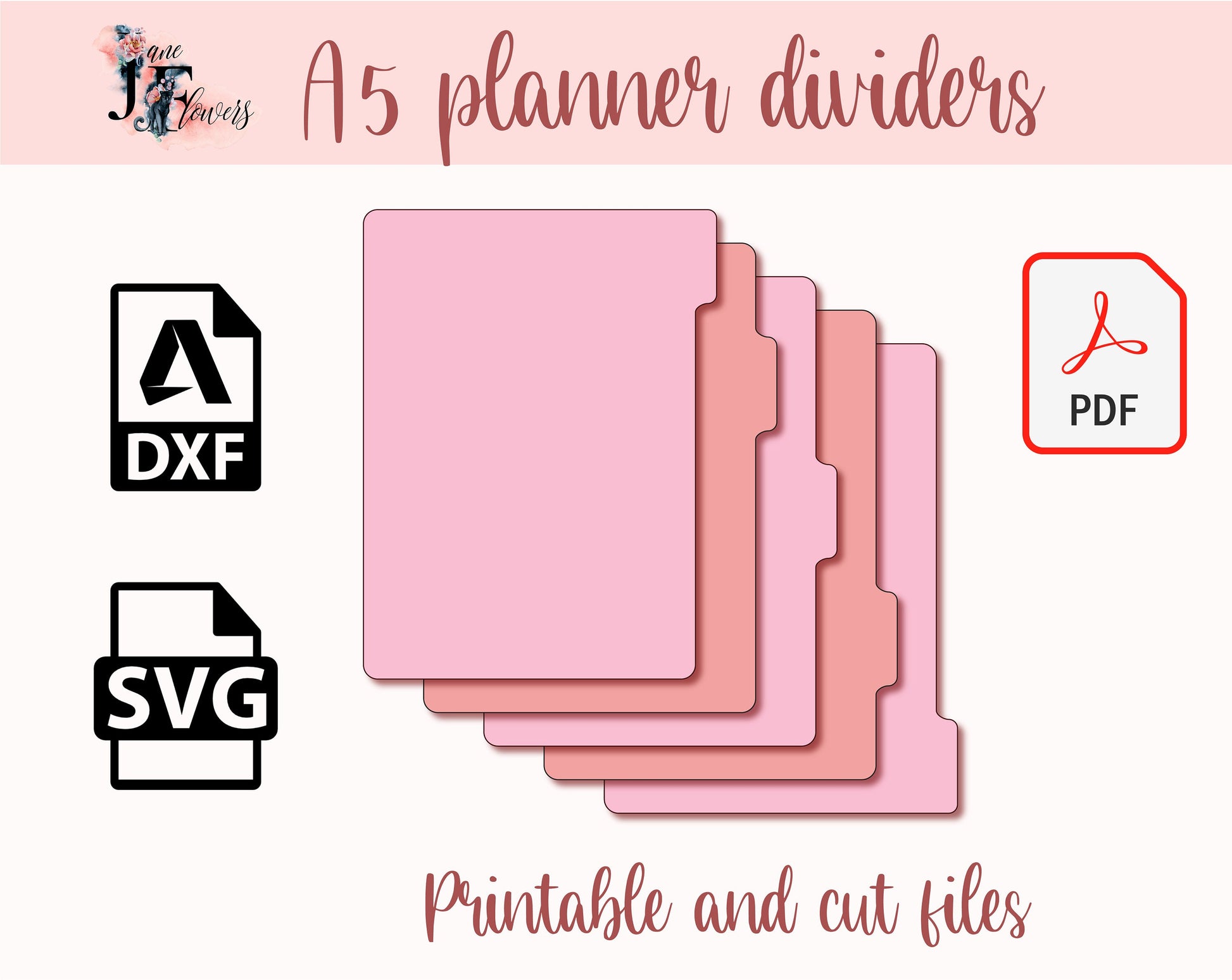 A5 planner dividers SVG, 5 planner tabs, A5 planner dividers for Cricut, Page tabs templates, Planner dividers SVG, PDF Printable dividers