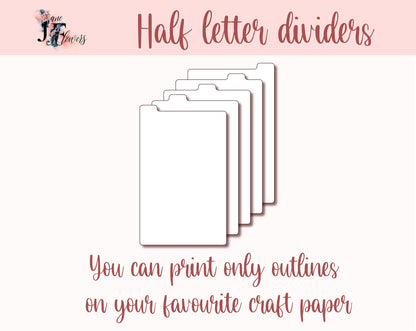 Half letter planner dividers, top tabs, tabbed dividers templates SVG, planner tabs printable, downloadable dividers pages with tabs