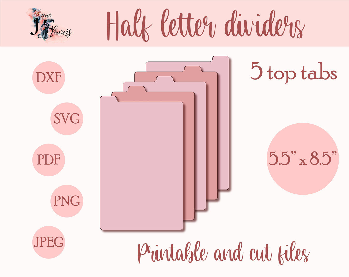 Half letter planner dividers, top tabs, tabbed dividers templates SVG, planner tabs printable, downloadable dividers pages with tabs