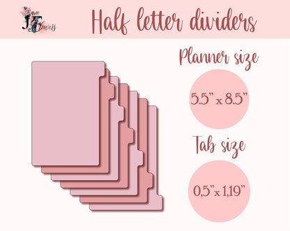 Half letter planner dividers, side tabs, tabbed dividers templates SVG, planner tabs printable, downloadable dividers pages with side tabs