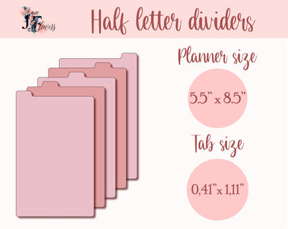 Half letter planner dividers, top tabs, tabbed dividers templates SVG, planner tabs printable, downloadable dividers pages with tabs