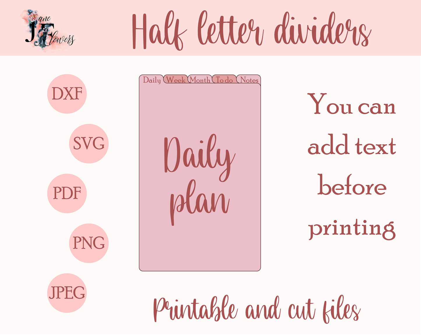 Half letter planner dividers, top tabs, tabbed dividers templates SVG, planner tabs printable, downloadable dividers pages with tabs