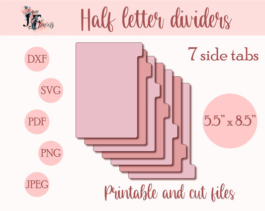 Half letter planner dividers, side tabs, tabbed dividers templates SVG, planner tabs printable, downloadable dividers pages with side tabs