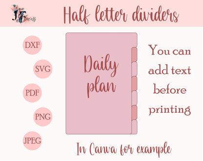 Half letter planner dividers, side tabs, tabbed dividers templates SVG, planner tabs printable, downloadable dividers pages with side tabs