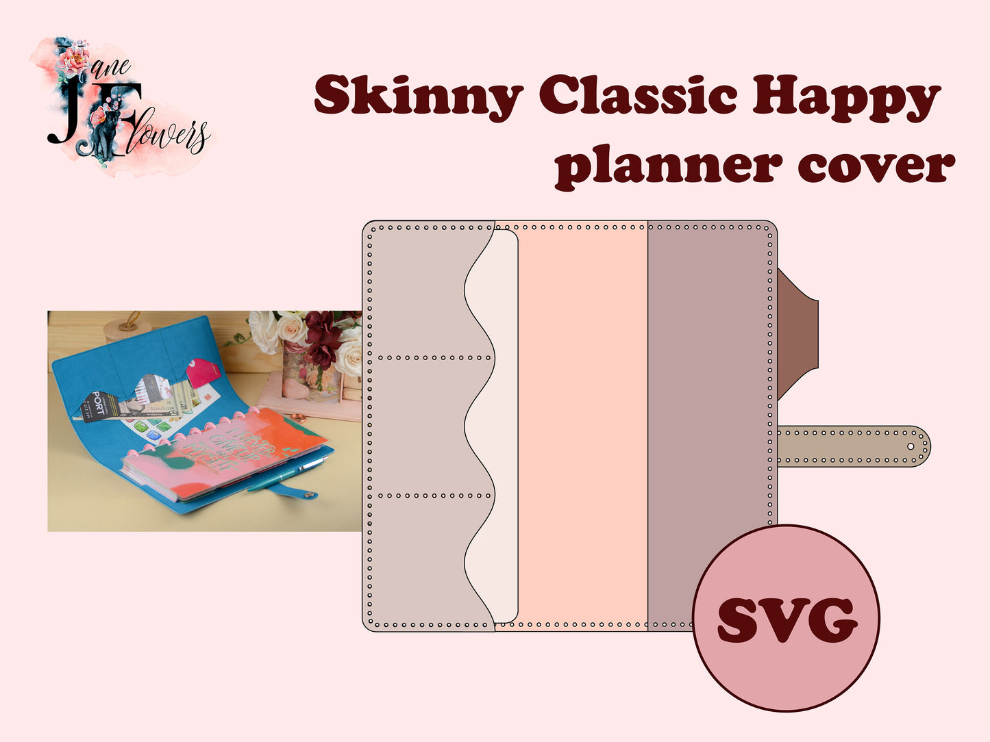 DIY minimalist Happy planner cover for Skinny Classic, leather journal cover SVG, planner cover pattern, discbound notebook cover template