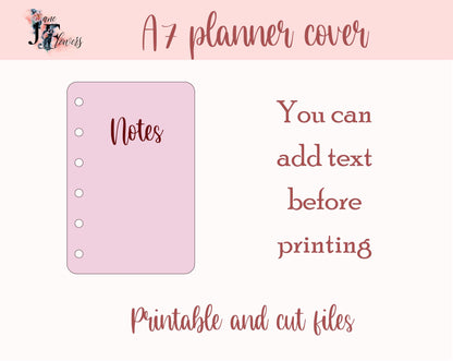 A7 planner cover template SVG with punch holes, pink printable planner page PDF color and outlines, A7 planner dashboard, printable inserts