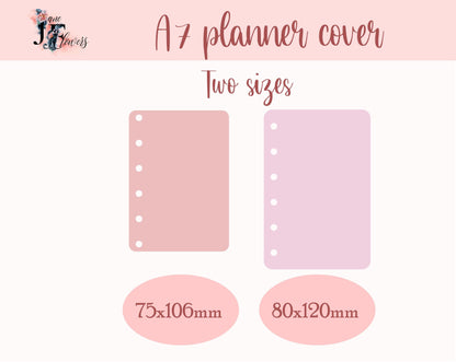 A7 planner cover template SVG with punch holes, pink printable planner page PDF color and outlines, A7 planner dashboard, printable inserts