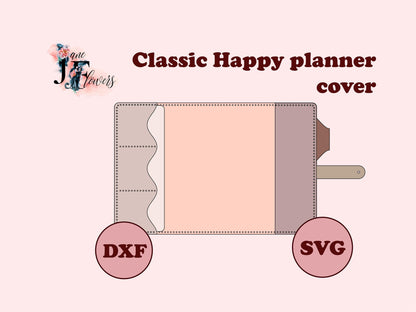 DIY minimalist Classic Happy planner cover, leather journal cover SVG, planner cover pattern, discbound notebook cover template, Cricut SVG